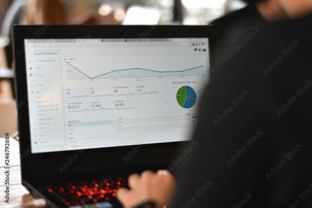 Wall mural worker checking website traffic visitor on analytics report.