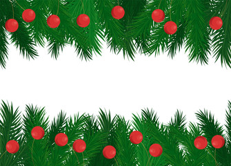 Red balls on green spruce branches vector frame isolated. Pine-tree elements of evergreen tree, decorative Christmas border with place for text