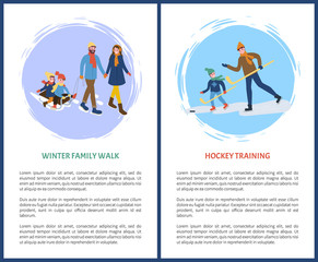 Hockey training and winter walks with children sitting on sledges vector. Parents with kids, father and son with wooden sticks on ice, skating sleds