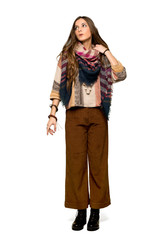 Full-length shot of Young hippie woman with tired and sick expression on isolated white background