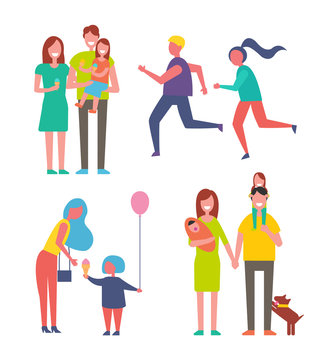 Parenthood family and couple icons set. Mother and son holding air balloon, people running jogging. Parents holding daughter with ice cream vector