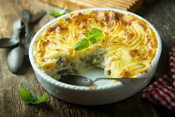 Homemade fish pie with mashed potato