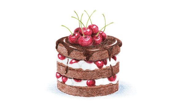 Cherry cake isolated on white background. Hand painted illustration, colored pensils