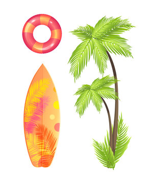 Surfing Board ,summer Isolated Icons Set Vector. Saving Ring, Lifeline And Lifebuoy. Green Palm Tree And Surfboard With Exotic Leaves Plant Print