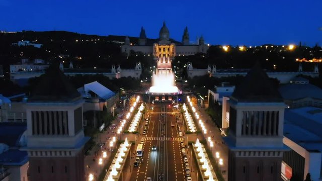 Aerial view of venetian tower and Monjuic fountains, Barcelona, Spain
