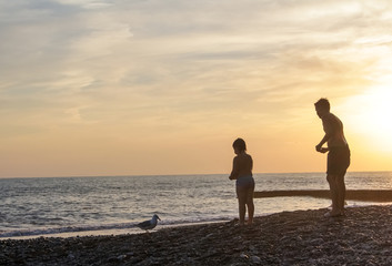 Silhouettes of children at sunset, feeding a seagull, against the background of the sea.