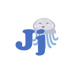 Alphabet for children, letter J, jellyfish, vector illustration.