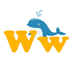Alphabet for children, letter W, whale, vector illustration.