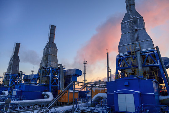 Oil, Gas Industry. Gas Booster Compressor Station, Gas Transportation Plant,  Photo Panorama;