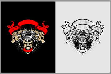 unique skull head with motorcycle engine and ribbon badge or crest logo vector