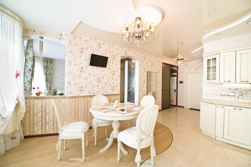Luxury kitchen classic italian style, white wooden panel with marble table top