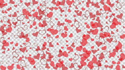 Festive background. Red hearts of confetti are flying. Red on Transparent fond Vector. Part of the design of wallpaper, textiles, packaging, printing, holiday invitation for Valentine's Day.