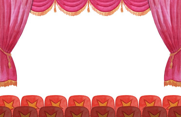 Scene curtain watercolor circus, theater, show, concert illustration hand drawn