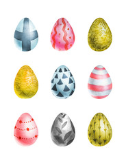 Happy Easter. Watercolor set of hand drawn colored Easter eggs isolated on white background. For greetings card design. Easter eggs set watercolor template for design