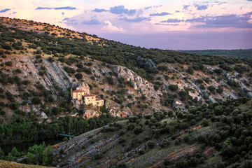 Holiday landscape in nature, with magenta sky by sunset light