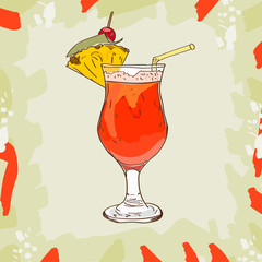 Koktajl szkicowy Sadzarka, z ciemnego rumu, soku pomarańczowego i ananasowego, syropu cukrowego, Grenadyny, Cytryny, Gorzkiej Angostury, kruszonego lodu, ananasa, wiśni maraschino. Wektorowa ręka rysująca ilustracja - 246800695
