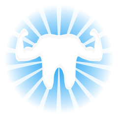 Design of strong inflated muscles of a healthy tooth on a blue background