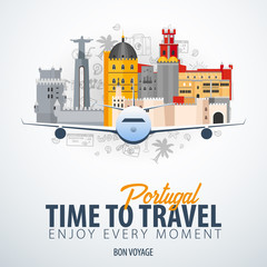 Travel to Portugal. Time to Travel. Banner with airplane and hand-draw doodles on the background. Vector Illustration.