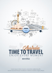 Travel to Australia. Time to Travel. Banner with airplane and hand-draw doodles on the background. Vector Illustration.