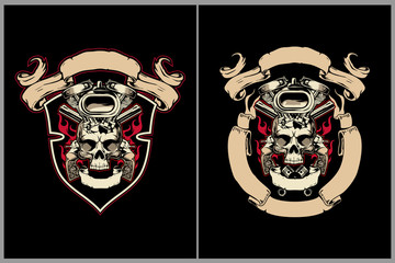 skull head with revolver gun and motorcycle engine vector badge logo template