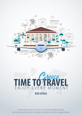 Travel to Greece. Time to Travel. Banner with airplane and hand-draw doodles on the background. Vector Illustration.