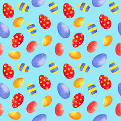 seamless watercolor pattern for Easter with different elements: eggs. ideal for fabric, wrapping paper, decor