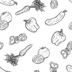Pattern vegetable doodle hand drawing on white background. Doodle drawing vegetable pattern. Ripe autumn crop and farming harvest. Market garden background. Vegetarian diet and healthy nutrition.