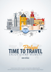 Travel to Portugal. Time to Travel. Banner with airplane and hand-draw doodles on the background. Vector Illustration.