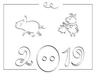 New year 2019 outline drawing of a cute pigs, year of pig linear style and Hand drawn Vector illustrations, character design outline collection, cartoon doodle style.