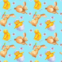 seamless watercolor pattern for Easter with different elements: Easter rabbit, chicken. ideal for fabric, wrapping paper, decor