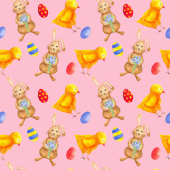 seamless watercolor pattern for Easter with different elements: Easter rabbit, chicken, eggs. ideal for fabric, wrapping paper, decor