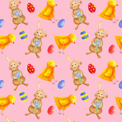 Fototapeta premium seamless watercolor pattern for Easter with different elements: Easter rabbit, chicken, eggs. ideal for fabric, wrapping paper, decor