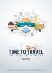 Fototapeta premium Travel to Israel. Time to Travel. Banner with airplane and hand-draw doodles on the background. Vector Illustration.