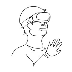 VR art. Continuous one line drawing Man in glasses device virtual reality. Technology trend