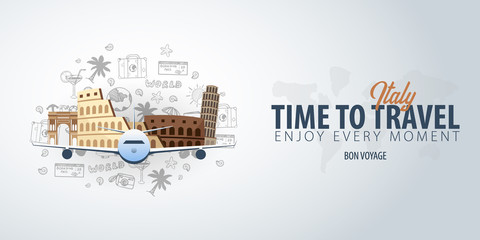 Travel to Italy. Time to Travel. Banner with airplane and hand-draw doodles on the background. Vector Illustration.