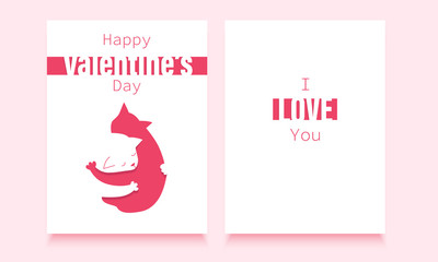 Happy Valentine's Day (February 14) postcard template with two hugging cats in love. Pink and white vector illustration for web and printing.
