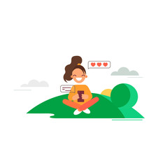 Girl loves chatting. Flat style vector illustration. Young woman seats on lawn and chats with someone she loves.