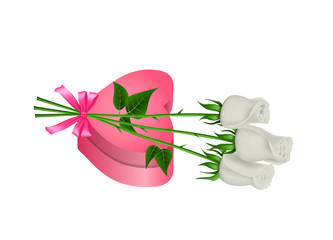 Gift box in the shape of heart and bouquet of white roses. Realistic vector, holiday design, isolated.