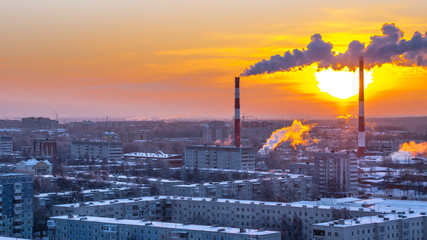 Sunset view of city in the north of Russia