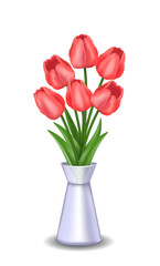 Red tulips in a vase. Vector illustration isolated.