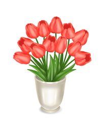 Red tulips in a vase. Vector realistic illustration, isolated.