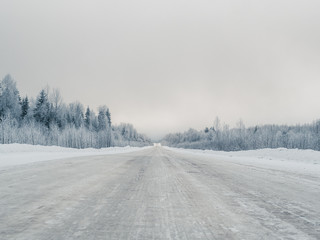 Obraz premium Winter road through the wild forest.