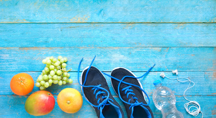 fitness, sport and reducing weight for the springtime, pair of runners and fruit,free copy space,...