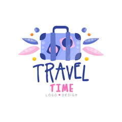 Travel time logo design, summer vacation, weekend tour, adventures, tourist agency creative label vector Illustration