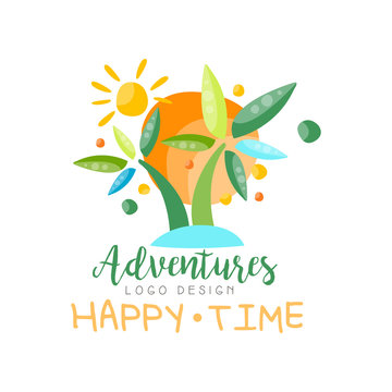 Adventures, happy time logo design, beach summer vacation, travel, tropical paradise, tourist agency creative label vector Illustration