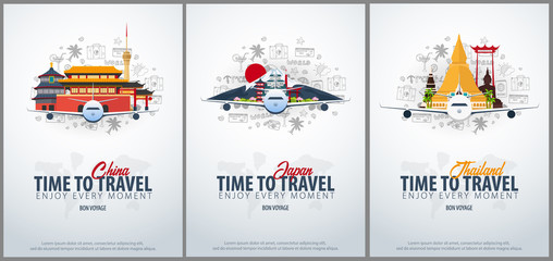 Travel to China, Japan and Thailand. Time to Travel. Banner with airplane and hand-draw doodles on the background. Vector Illustration. © leo_d