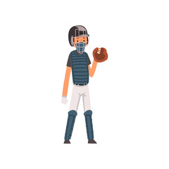 Catcher Baseball Player Character in Uniform and Outfield Glove Vector Illustration
