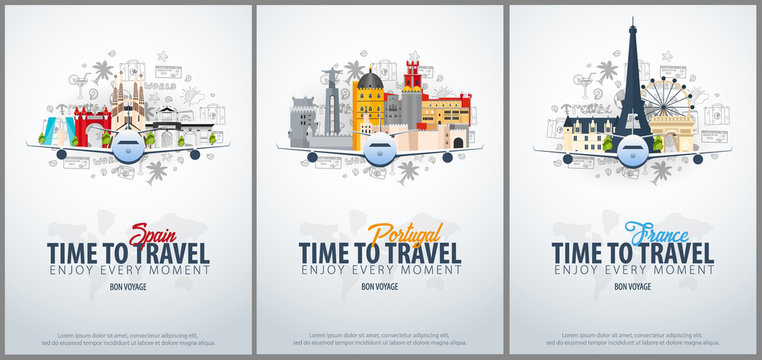 Travel to Spain, Portugal and France. Time to Travel. Banner with airplane and hand-draw doodles on the background. Vector Illustration.