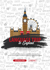 Language trip, tour, travel to England. Learning Languages. Vector illustration with hand-draw doodle elements on the background.