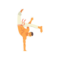 Smiling Man Standing on One Hand, Capoeira Dancer Character Practicing Movement, Brazilian National Martial Art Vector Illustration